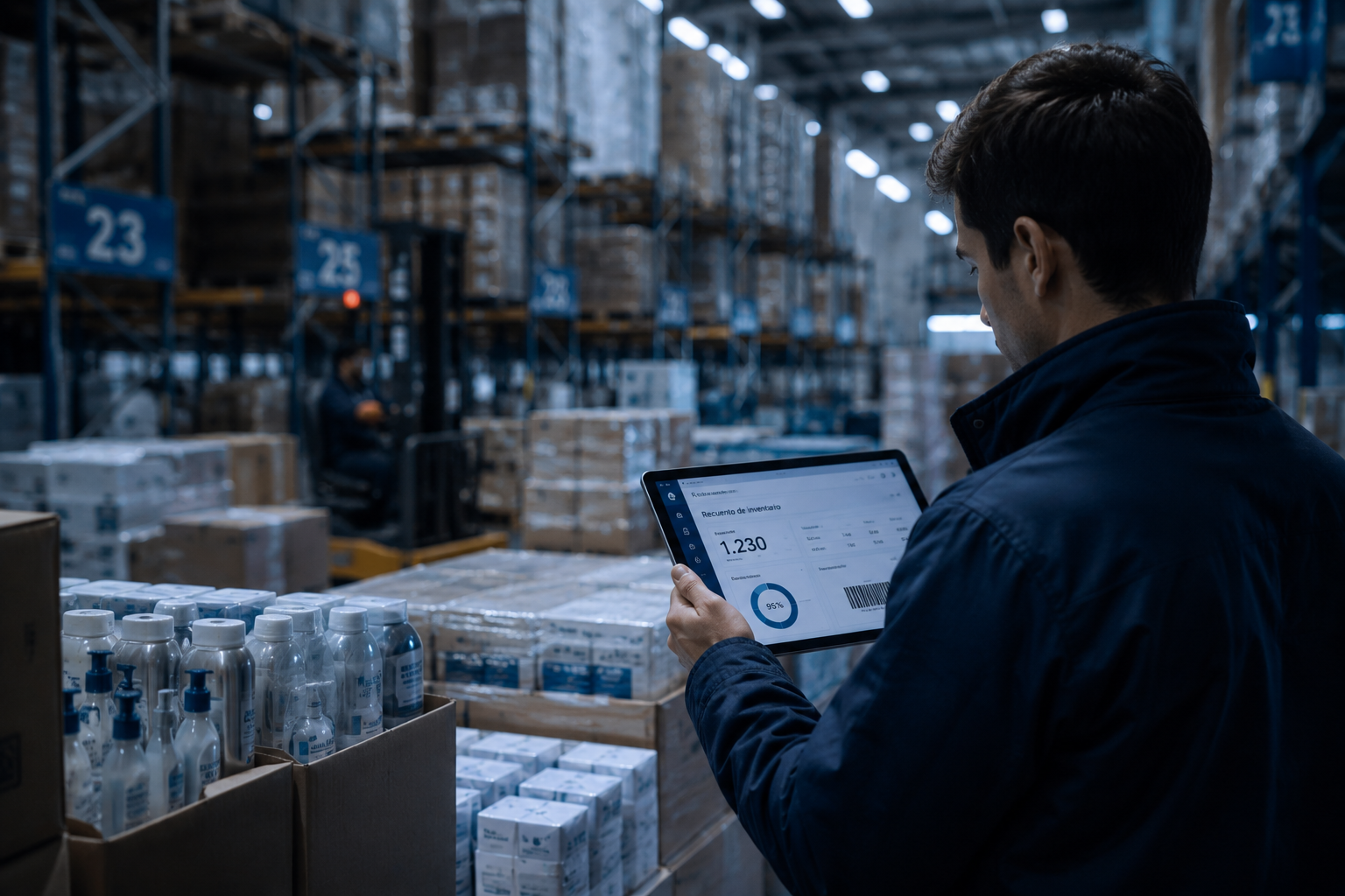 Un hombre trabajando en un almacen revisando los datos