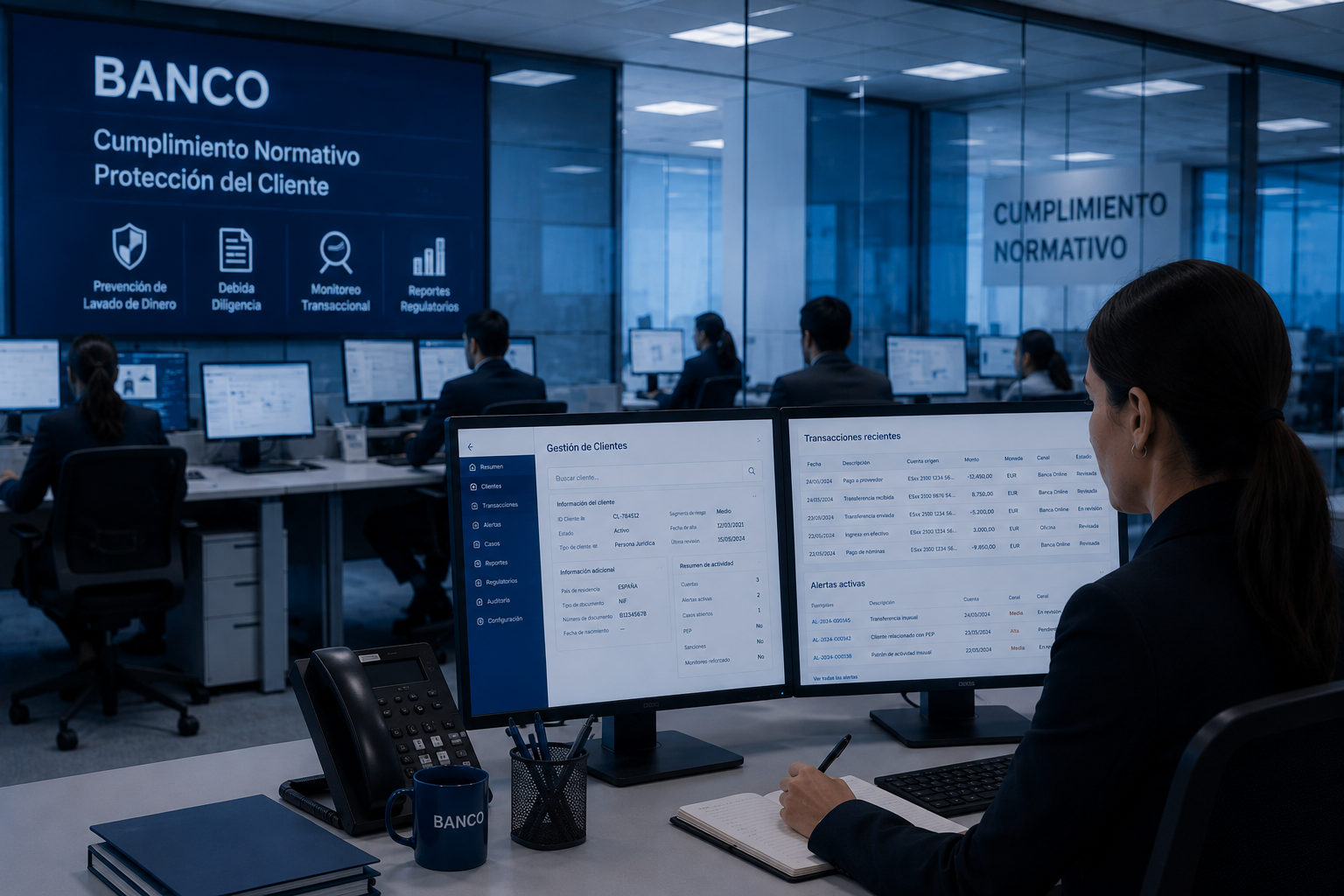 Mujer trabajando en un banco mirando la pantalla en la oficina
